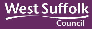 Logo of West Suffolk Council on a purple background, featuring the text "West Suffolk" in a stylized font above "Council."