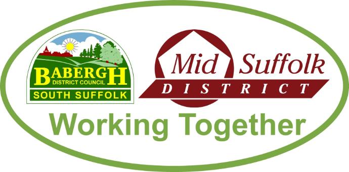 Logo featuring Babergh District Council and Mid Suffolk District, with the phrase "Working Together" below.