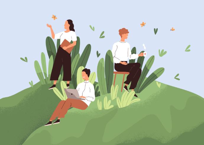 Vector image of three people sitting in an outside environment with lots of greenery. Two are sitting and one is standing and are smiling. Green and orange butterflies are fluttering around them.