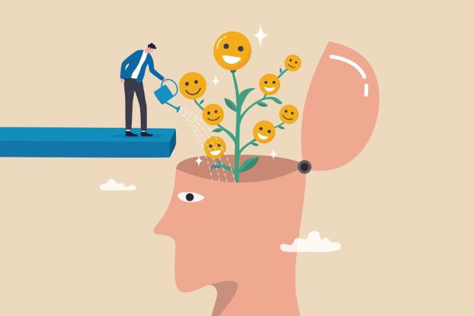 Vector image of a wellbeing, happiness or positive attitude concept. A man is watering brain growing a happy smiling face seedling plant.
