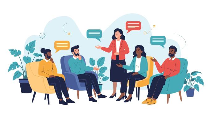 Vector graphic of a small group of people sitting on small armchairs with speech bubbles above each others. One person is standing and chatting to one of the seated people.