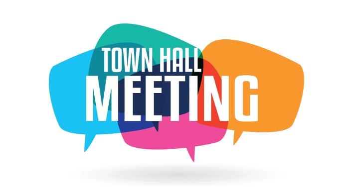 Vibrant, colourful graphic that says Town Hall Meeting