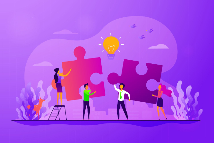 Bright pink and purple graphic with a few people putting giant jigsaw pieces together.